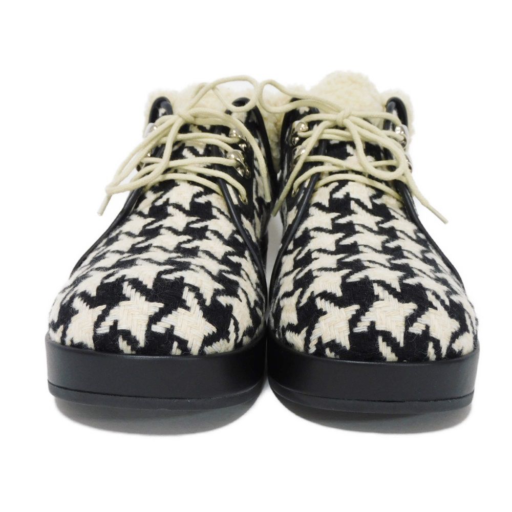 Used 9539 Tweed Boa Ankle Boots 591039 7900 37 Houndstooth Print Black Lace-Up 9.4" Unused Wool Ivory Women's from