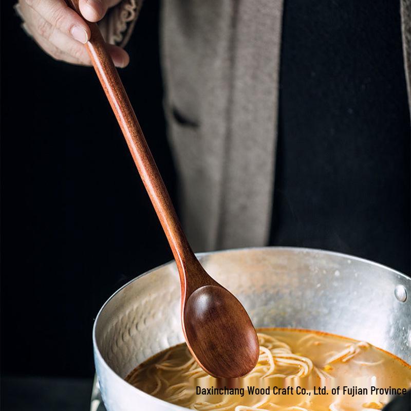 Food-Grade Wooden Spoon with Extended Handle - Anti-Scalding, Ideal for Mixing in Rice Cookers & Milk Pots, Engravable.