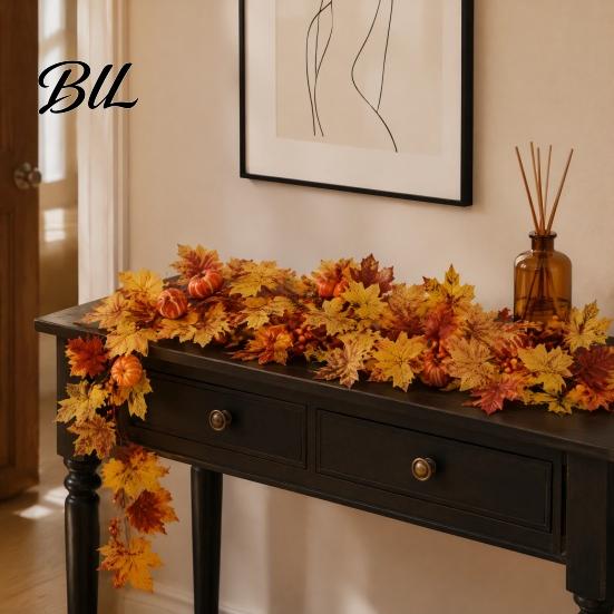 Artificial Maple Leaf Garland Fall Wreath, Autumn Vine with Pine Cones Pumpkins, Reusable Decorations for Home Hanging Decor Thanksgiving Harvest