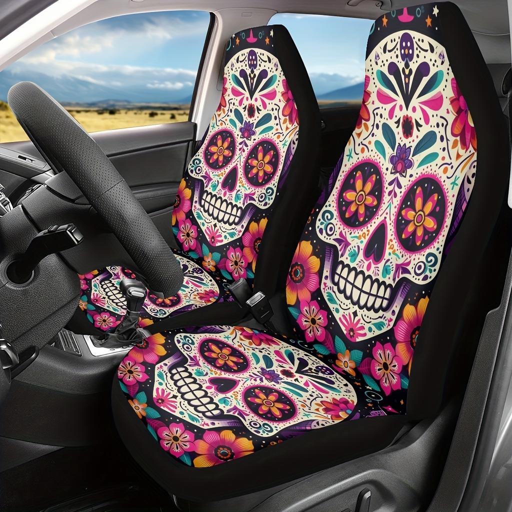 2Pcs Day Of The Dead Skull Flowers Car Seat Covers Universal Fit, Accesorios Para Carro, Car Seat Covers Full Set, Car Stuff