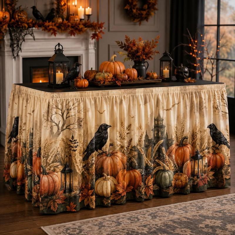 Halloween Table Skirt With Waterproof Dustproof Decor Dining 140-275cm Length