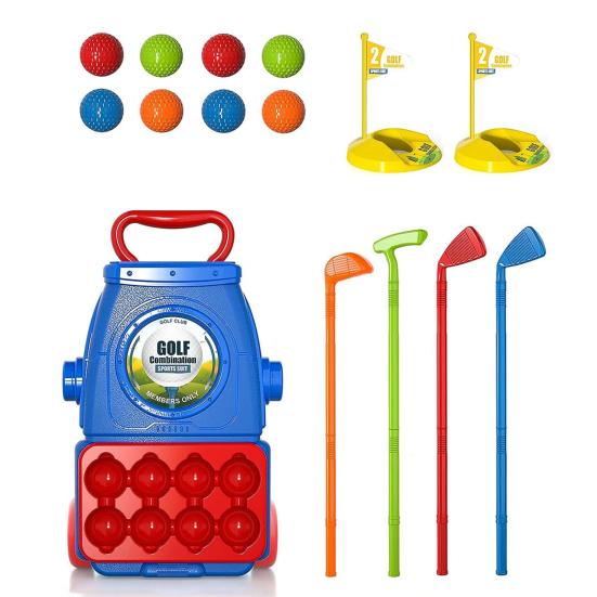 

Детский набор клюшек для гольфа с тележкой для дышла, пластиковый набор для гольфа для мальчиков и девочек, спортивная игрушка для дома и улицы с 4 клюшками, 8 мячами, 2 лунками синий