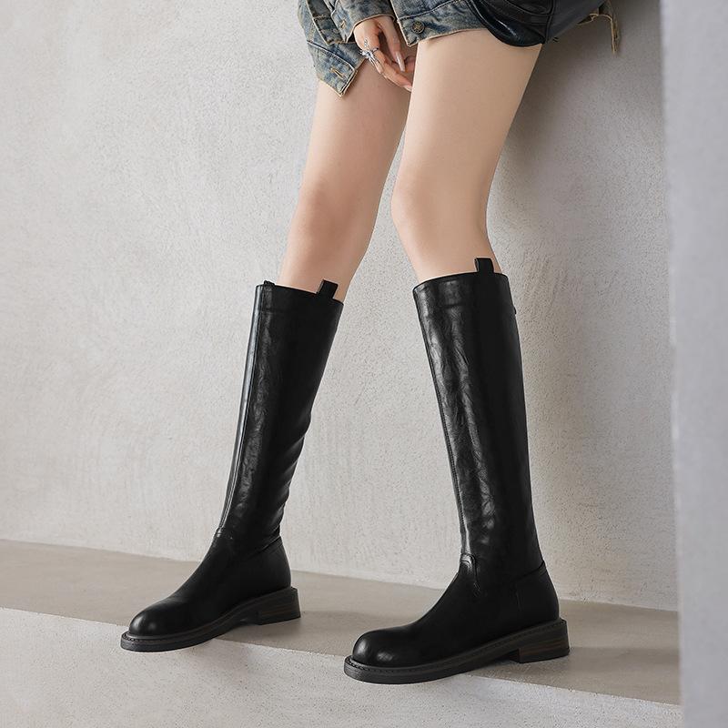 Herbst- und Winter Damenstiefel mit hohem Schaft, dicksohlige, rutschfeste Damenstiefel in großen Größen, neue Lederstiefel mit niedrigem Absatz, neue Reiterstiefel mit Blockabsatz