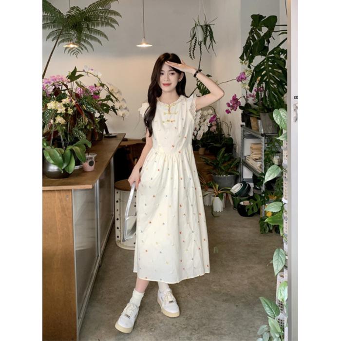 Summer 2026 Women s Floral Print Disc Buckle Waist-cinching Slim Mid-Length Vest Dress Large абрикосовый