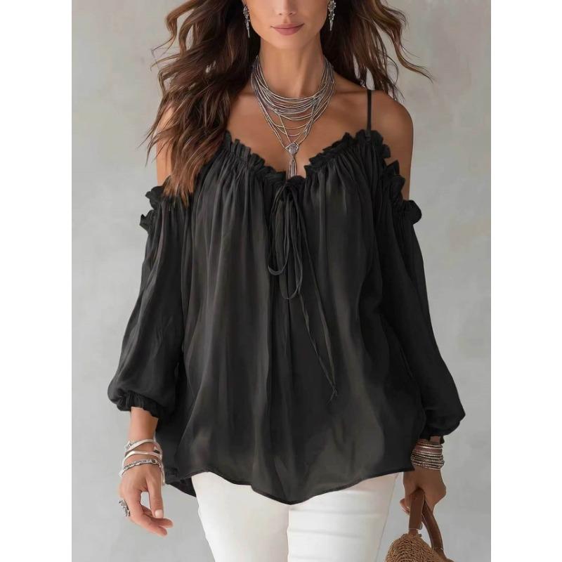 Women S Long Sleeve Blouse Ruffled Collar Loose Fit Solid Color Bohemian Style Casual Top