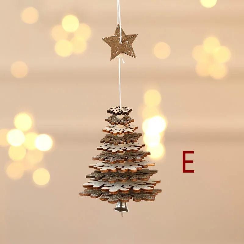 Christmas Wooden Bell Pendant, Creative Five Pointed Star Snowflake Christmas Tree Three-dimensional Small Hanging Decoration