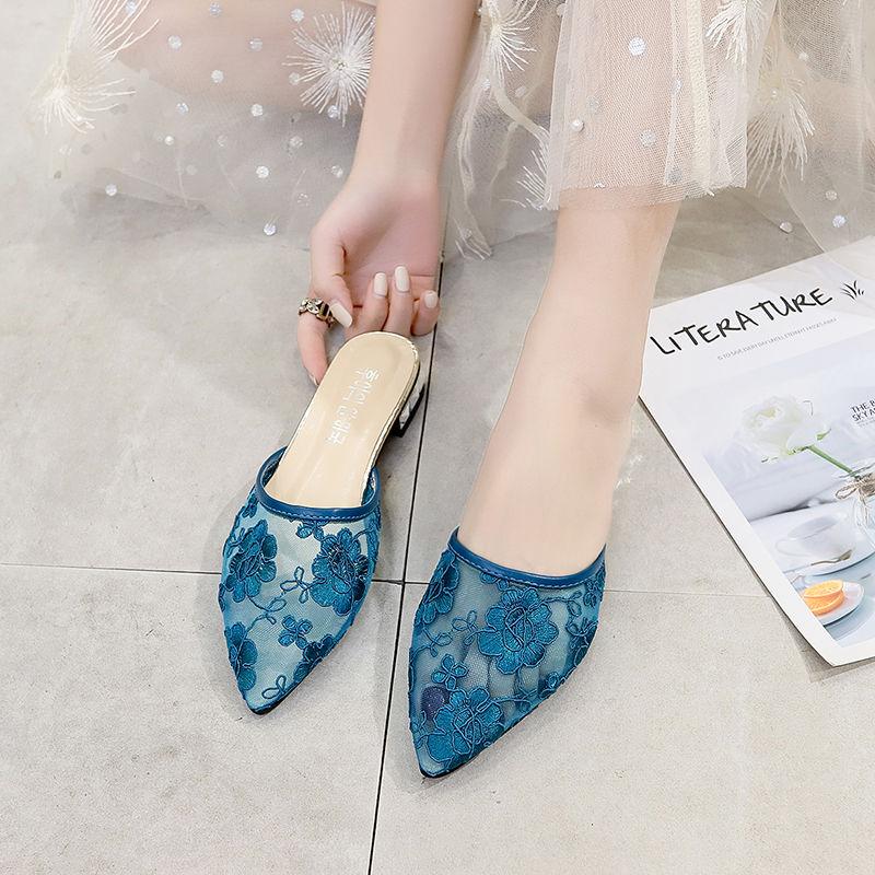 Shoes for Women Low Heel Slides Sexy Black Woman Mules Slippers Pointed Toe Embroidery 39 Chic and Elegant H Sandal Pvc Sandals
