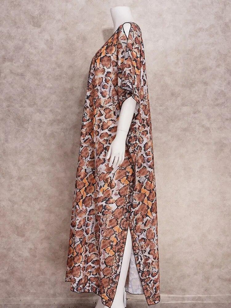EDOLYNSA 2024 Leopardí kaftan plus sizeSexy šaty maxi se studenými rameny a rozparkem na bokuLetní oblečení pro ženyPlážové oblečení Krytí plavek