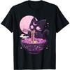 Kawaii Pastel Goth Black Cat Eating Ramen Pink Moon Star Print T-Shirt