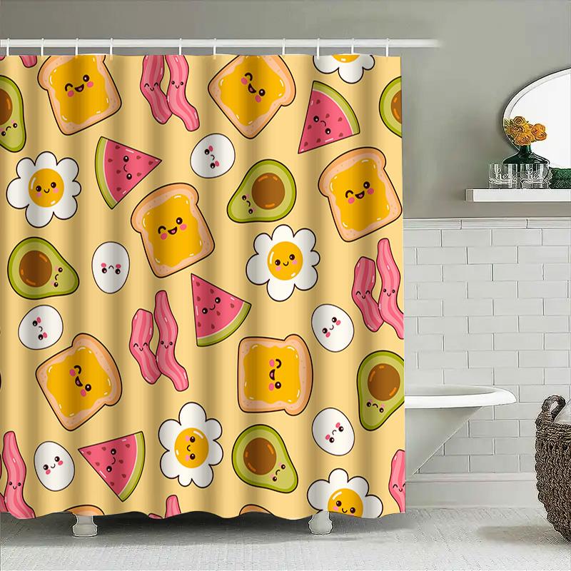Kawaii Breakfast Shower Curtain with Avocado Toast Design for Bathroom Decor Yellow White Pattern Free Shipping