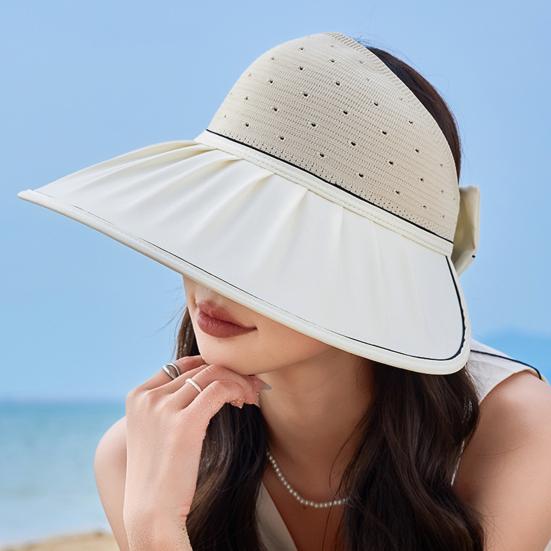 Women's Sun Visor Hat Summer Large Brim Fishing Cap with Bow UV Protection Half Open Top Beach Hat for Hiking Travel
