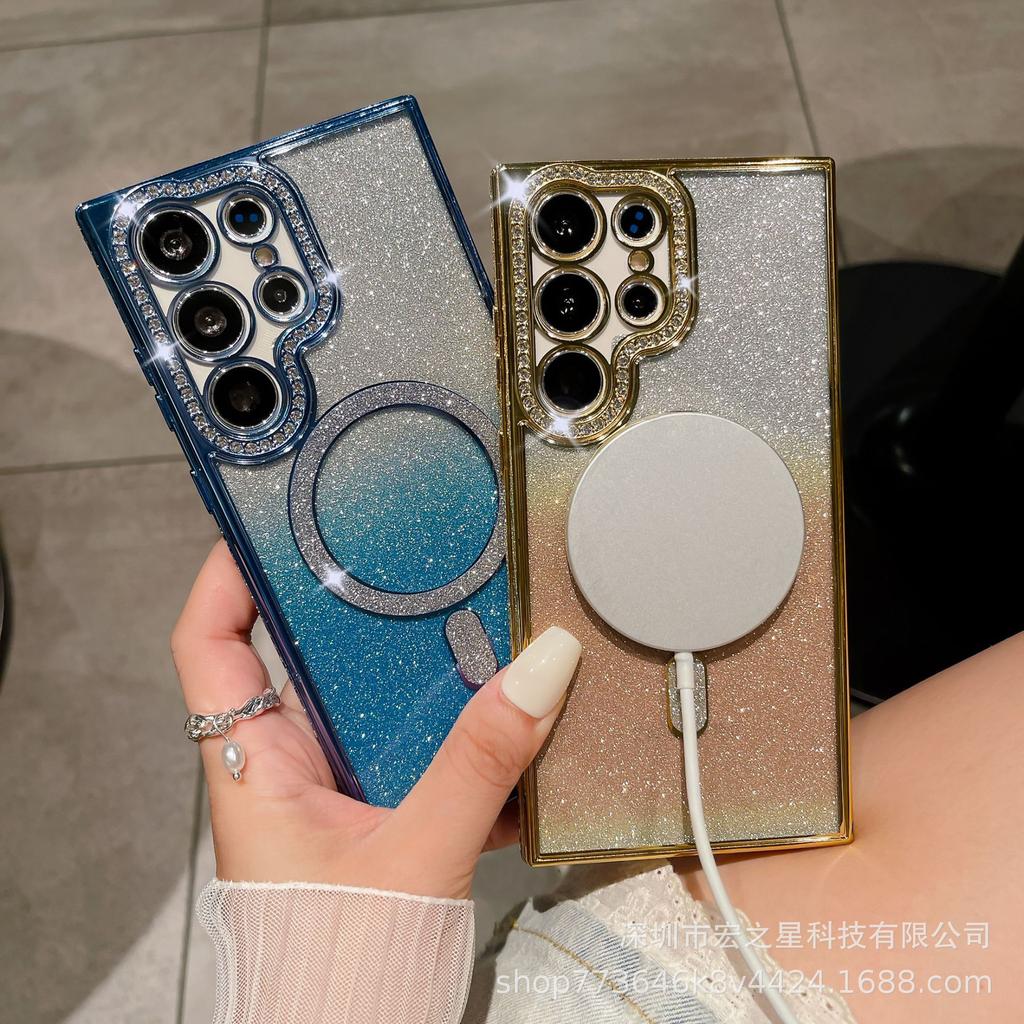 Samsung S24 Ultra Rhinestone Magnetic Phone Case - Glitter Gradient Soft Cover for S23 Plus Lens