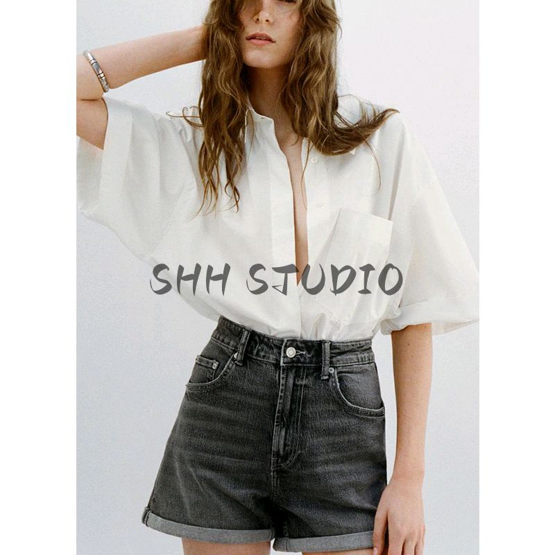 Spring and Summer New Women clothes Pleated Decorative Pocket Decoration Poplin Cotton Short sleeve Shirts Top 4764025