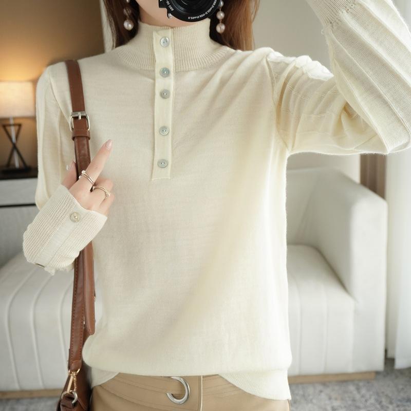 

Осень и зима новый полувысокий воротник пряжка женский трикотажный свитер с длинным рукавом модный универсальный пуловер свитер база XXL абрикосовый