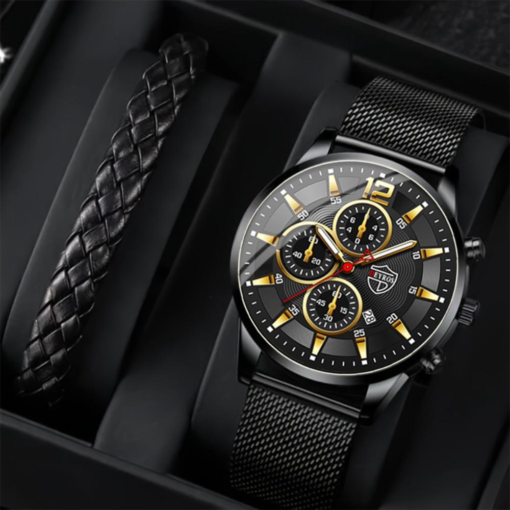 2 st/set Herr Affärs Sport Kvarts Klocka Rostfritt Stål Nätarmband Armbandsur & Armband, Fars dag Alla hjärtans dag Gåvor Till Honom