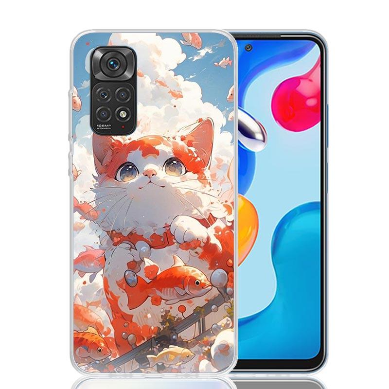Cartoon Cute Cat Fish Aesthetic Phone Case For Xiaomi Redmi Note 14 13 12S 12 11S 11T 11E Pro Plus 10S 10 Art Customized Co
