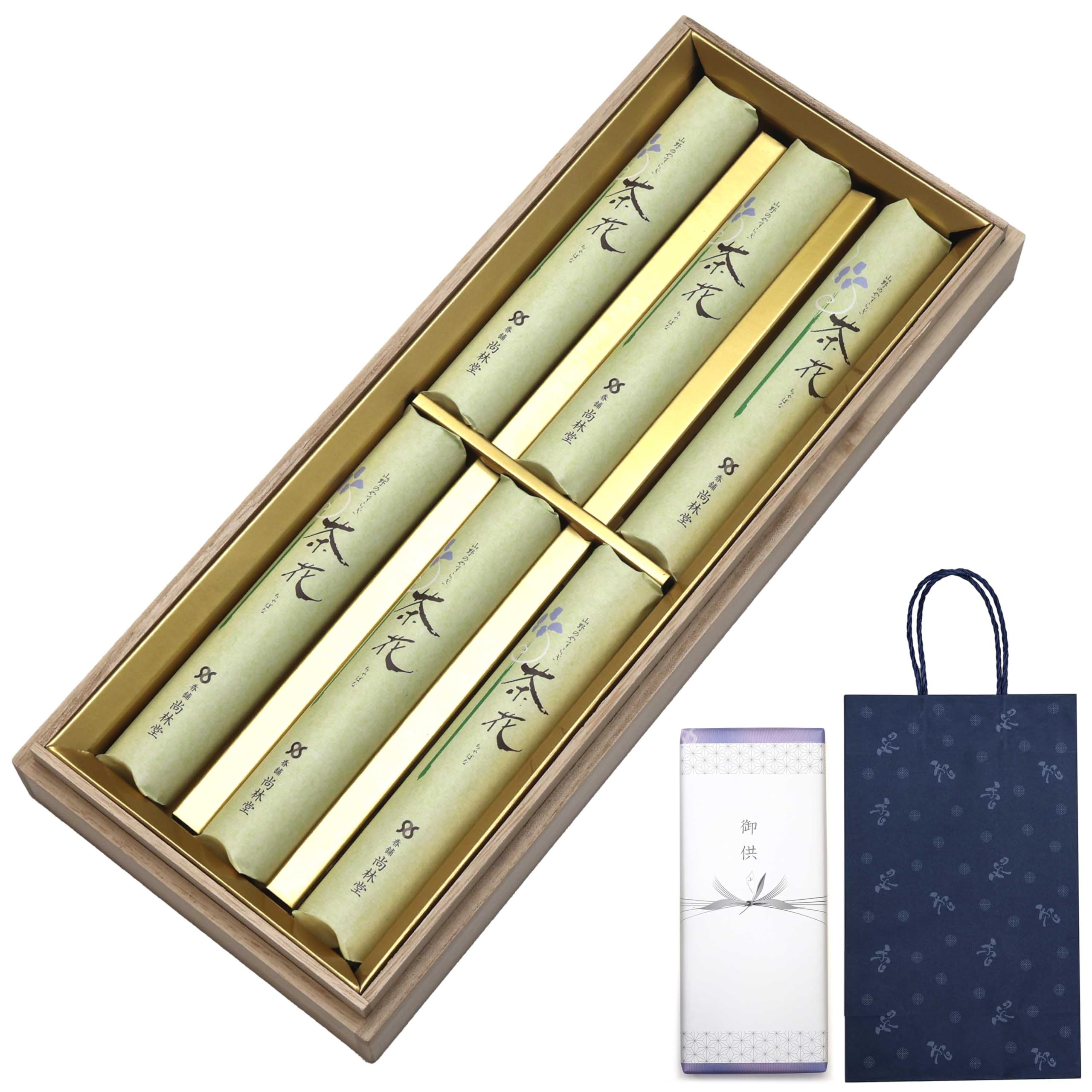

Sympathy Incense Gift Set in Paulownia Wood Box [Two Types of Tea Flowers, Sandalwood, with Outer Wrapping and Carry Bag] Made in Japan, Low Smoke,