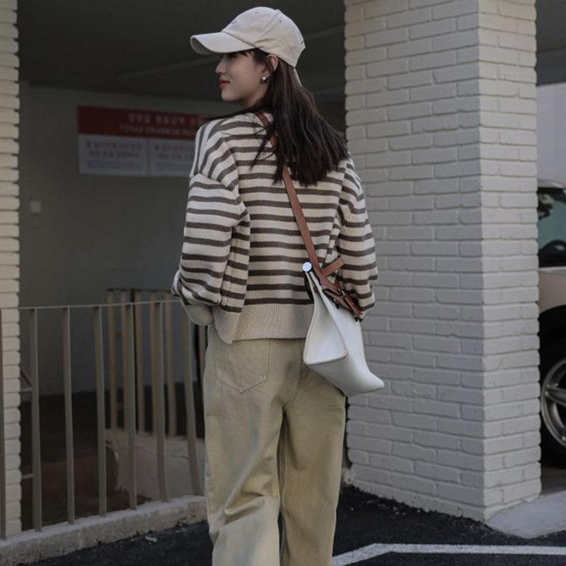 Pruhovaný pletený svetr Cardigan Dámské Top 2023 Podzimní novinka Malá vůně Volný Krátký design Svetr Cardigan Dámský kabát