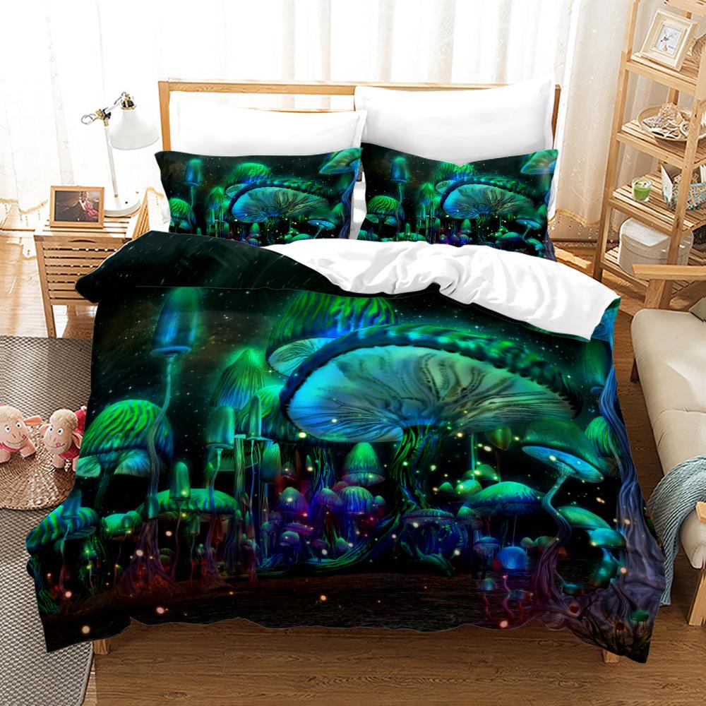 Mushroom Duvet Cover Set King Queen Size Star Purple Blue Trippy Mushroom Pattern Cartoon Polyester Bedding Set for Kid Boy Girl