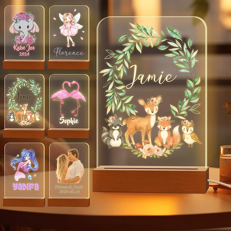 Personalized Night Light for Kids Custom Engraved Name Acrylic LED Lights with Wood Base for Nursery Bedroom Decor Night Lamp, Customized Birthday