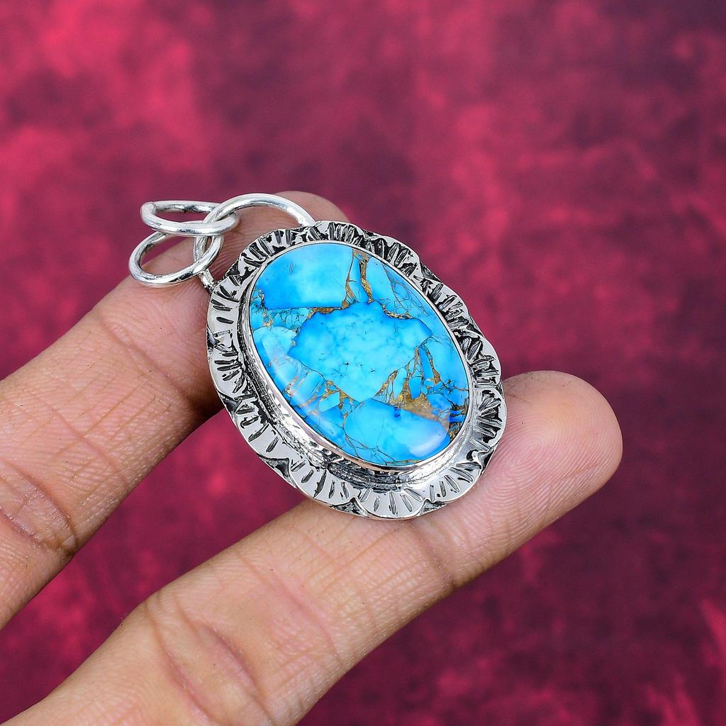 Blue Copper Turquoise Handmade Gemstone Pendant, 925 Solid Sterling Silver Pendant Antique Jewelry, For Engagement Gift