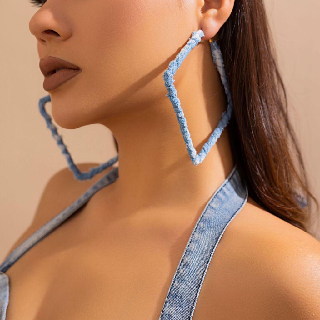 Vintage Denim Print Hoop Earrings: Retro Cross-Border Fabric Studs for Women