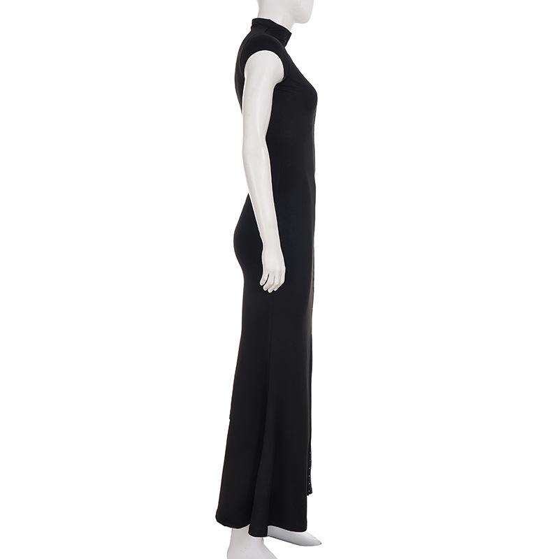 European & American Sexy Hollow Stand Collar High Slit Short Sleeve Long Dress