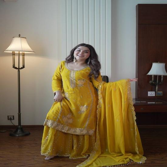 Vibrant Mustard Yellow Georgette Sharara Suit with Gota Patti Work M