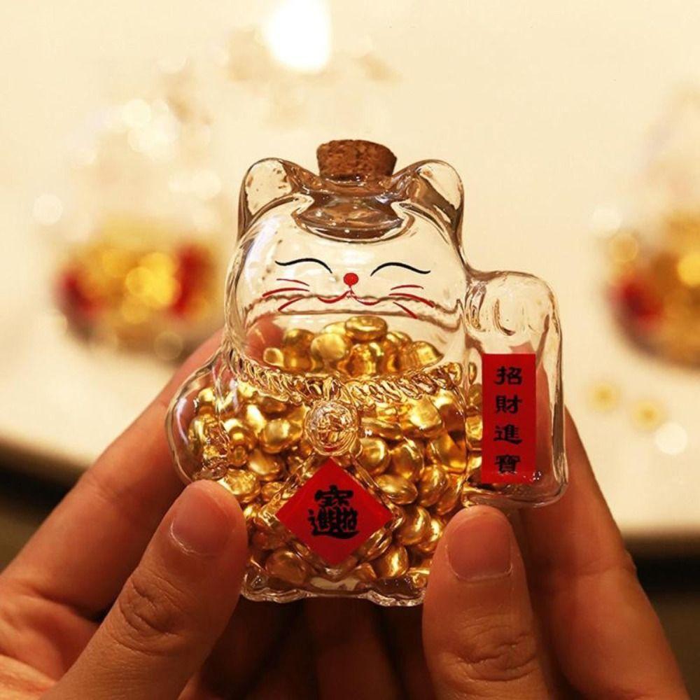 New Lucky Cat Piggy Bank Clear Cartoon Money Jar Glass Mini Golden Bean Storage Bottle for Living Room Office Decor
