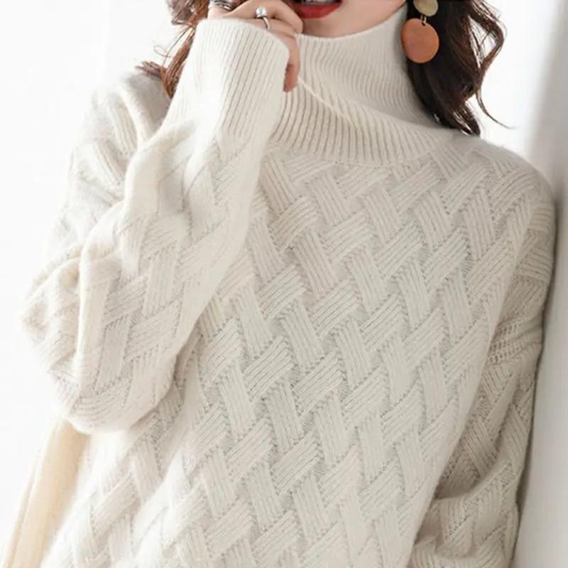 Women Casual Chic Loose Cashmere Sweater Autumn Winter Oversize Thick Long Sleeve Turtleneck Warm Knit Pullovers
