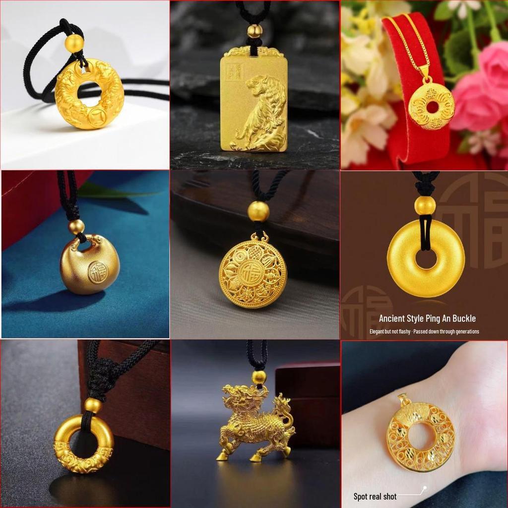 Vietnamese Sand Gold Eight Treasures Luopan Necklace with Fu Pendant, Gold Braided Rope, Unisex Ancient Craftsmanship Sweater Chain