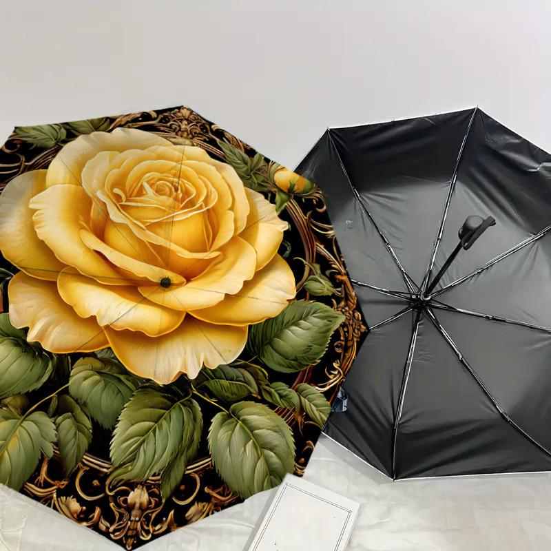 1 Stück Goldene Rose Ornament Regenschirm mit Kunststoffgriff, Geeignet für Alle Jahreszeiten Zuhause Reise Outdoor RegenschirmDD1260