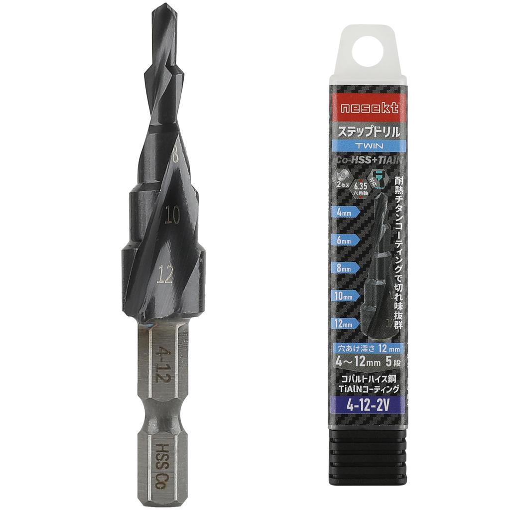 Nesect Step Hex Titanium Impact Compatible in Drill, 6.35mm Shank, Coated, [Made Japan] (2-Flute, 4-12mm, 5-Step)