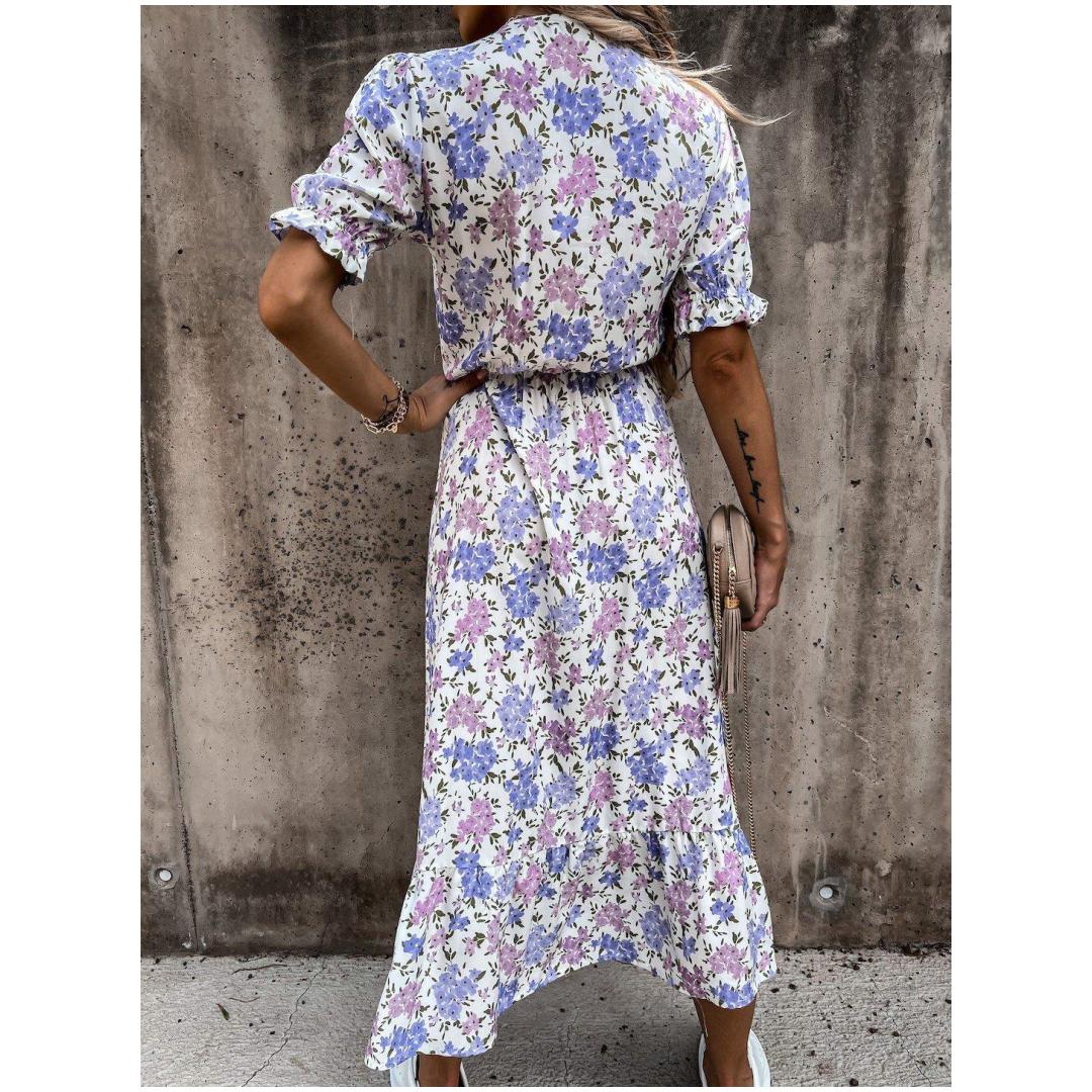 

Летнее платье с цветочным принтом, женское длинное платье с v-образным вырезом и боковым разрезом, элегантное тонкое весеннее женское праздничное платье на пуговицах с короткими рукавами S