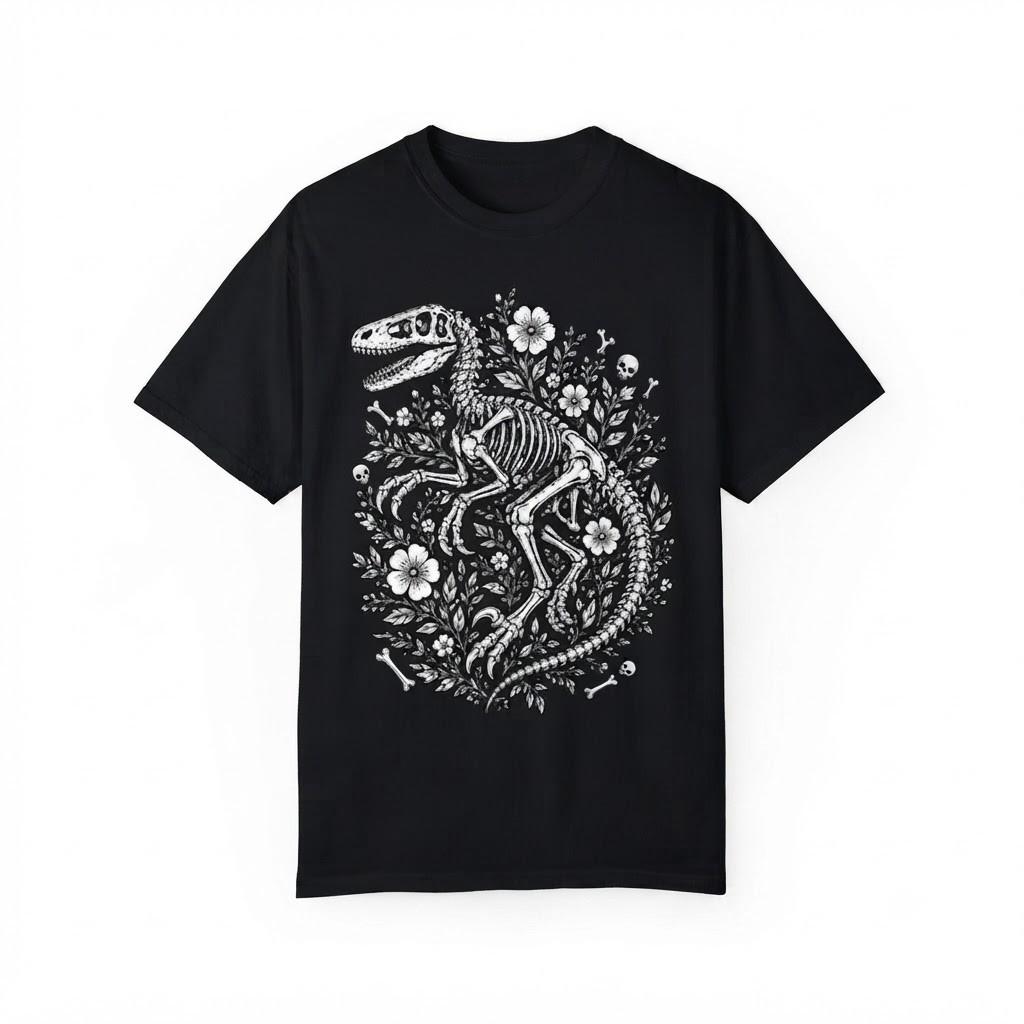 Blumen Velociraptor Skelett Dinosaurier Fossil Schwarzes T-Shirt