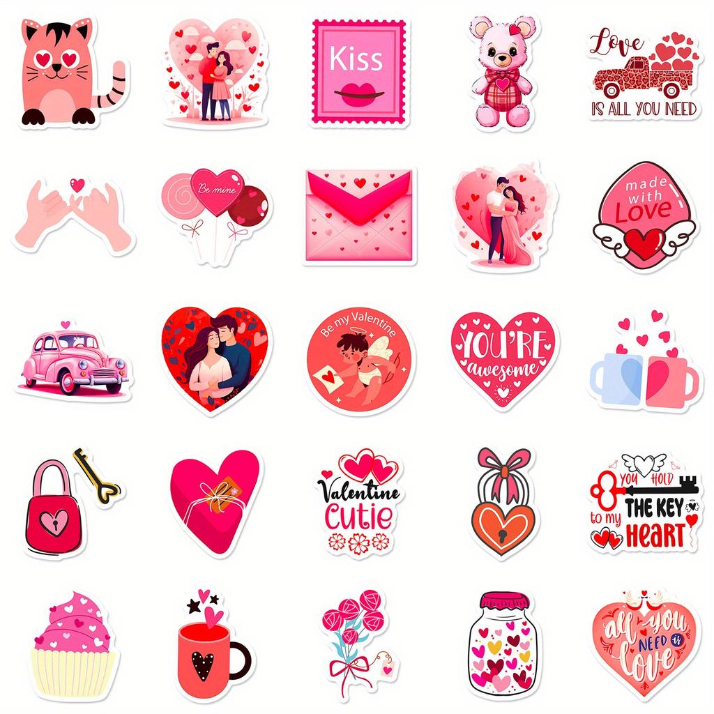 50pcs Vinyl Cartoon Love Decals, Reusable, Self-Adhesive, Romantic Valentine'S Day Themed, for Stationery, Laptops,Water Bottles