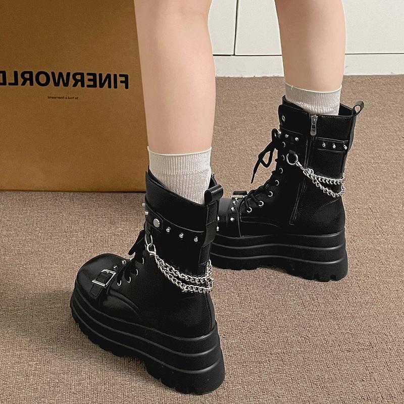 Gothic Style Height Increase Women Mid Calf Boots Fashion Belt Buckle Ladies Platform Mordern Booties