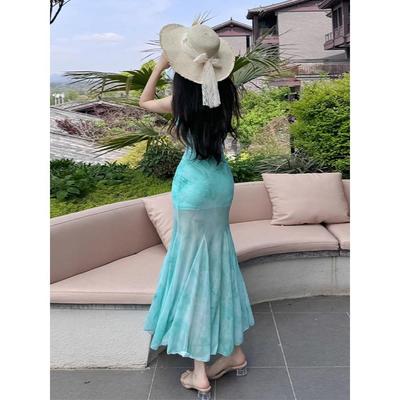 Seaside Vacation Gentle Wind Green Floral Suspender Dress Beautiful Unique Beautiful Waist Hip Beach Dress Women