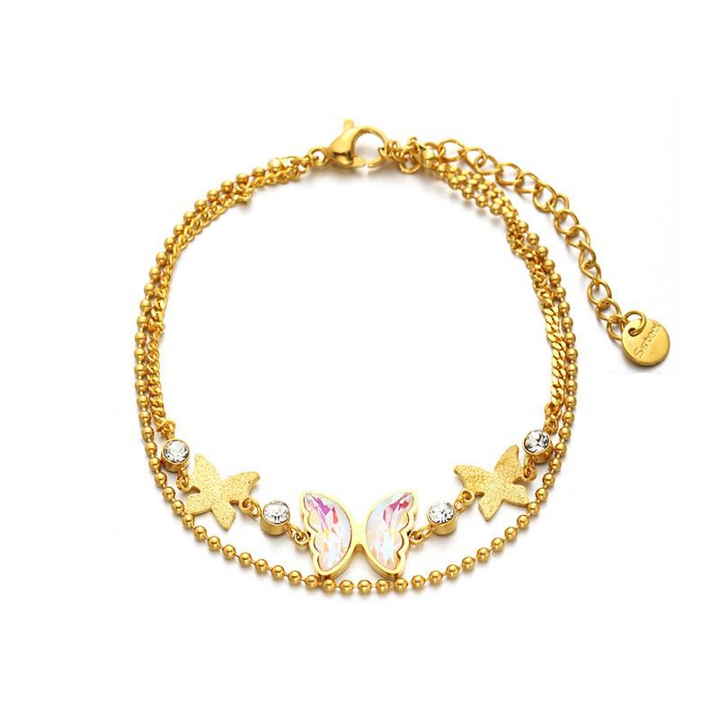 Womens Titanium Steel Butterfly Zircon Pendant Layered Bracelet Fashion OL Style Lightweight Luxury Accessory
