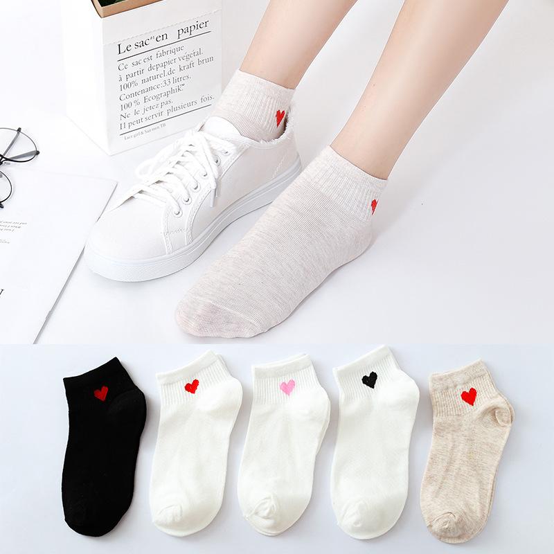 5 Pairs Women Love Heart Short Socks Spring Summer Ankle Socks Girls Casual Fashion Soft Breathable Cotton Invisible Boat Socks