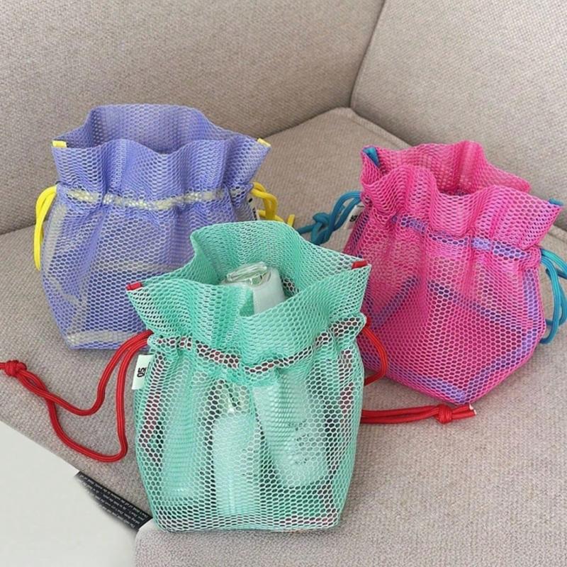 1 Piece Mesh Storage Bag, Shower Bag, Portable Mesh Drawstring Pocket,For Capacity Very Suitable For Travel And Beach Use