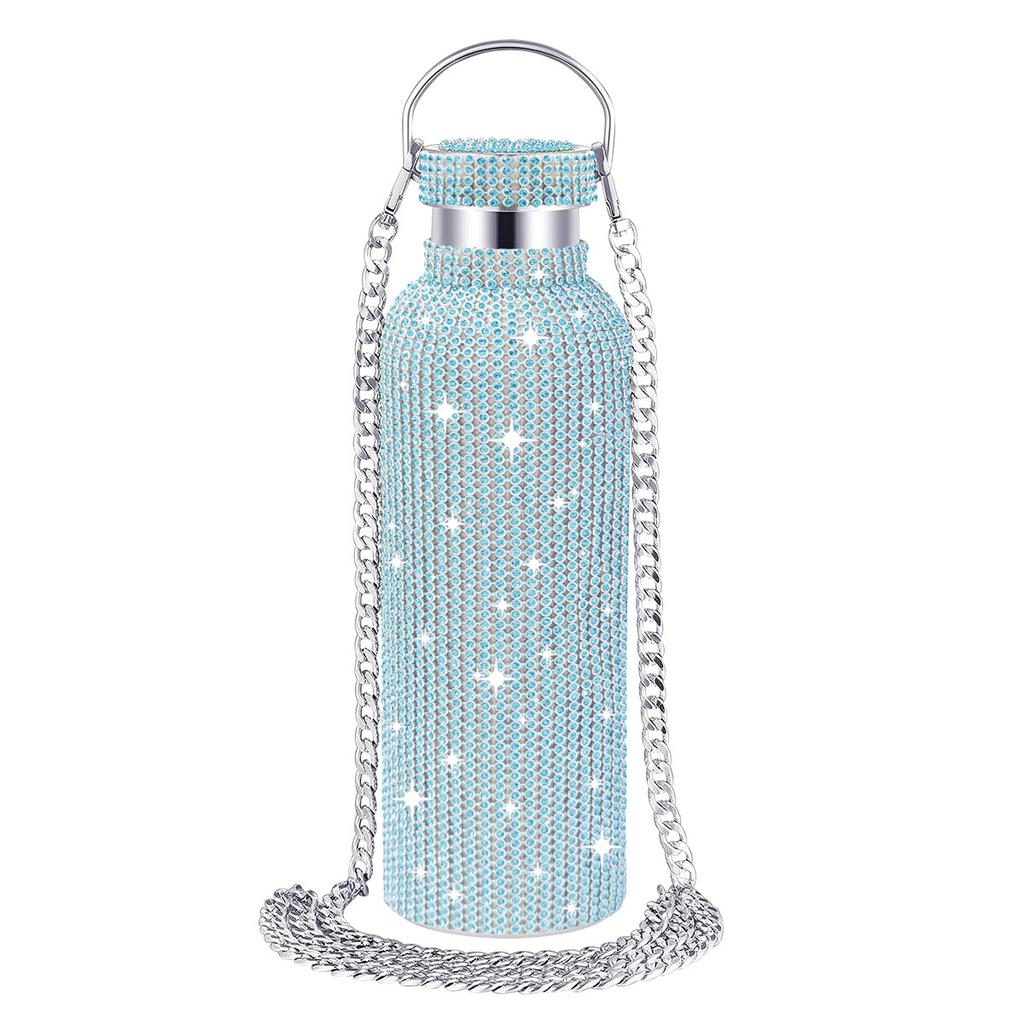 Borraccia Termica Acciaio Inossidabile Brillante Borchiata con Diamanti Festa alla Moda Catena a Tracolla Staccabile Regalo per Donna
