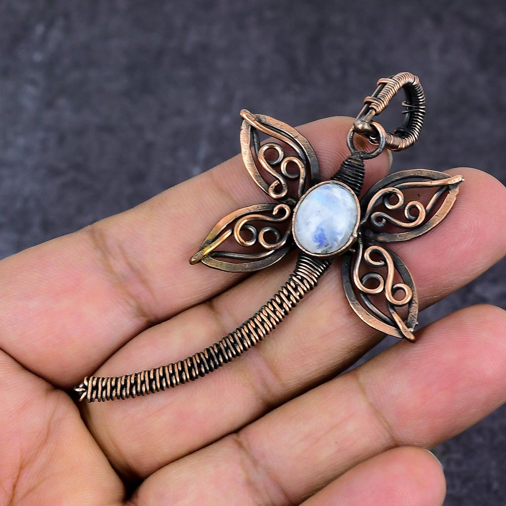 Natural Moonstone Gemstone Handmade Copper Wire Wrap Jewelry Pendant 2.96" ET-4657