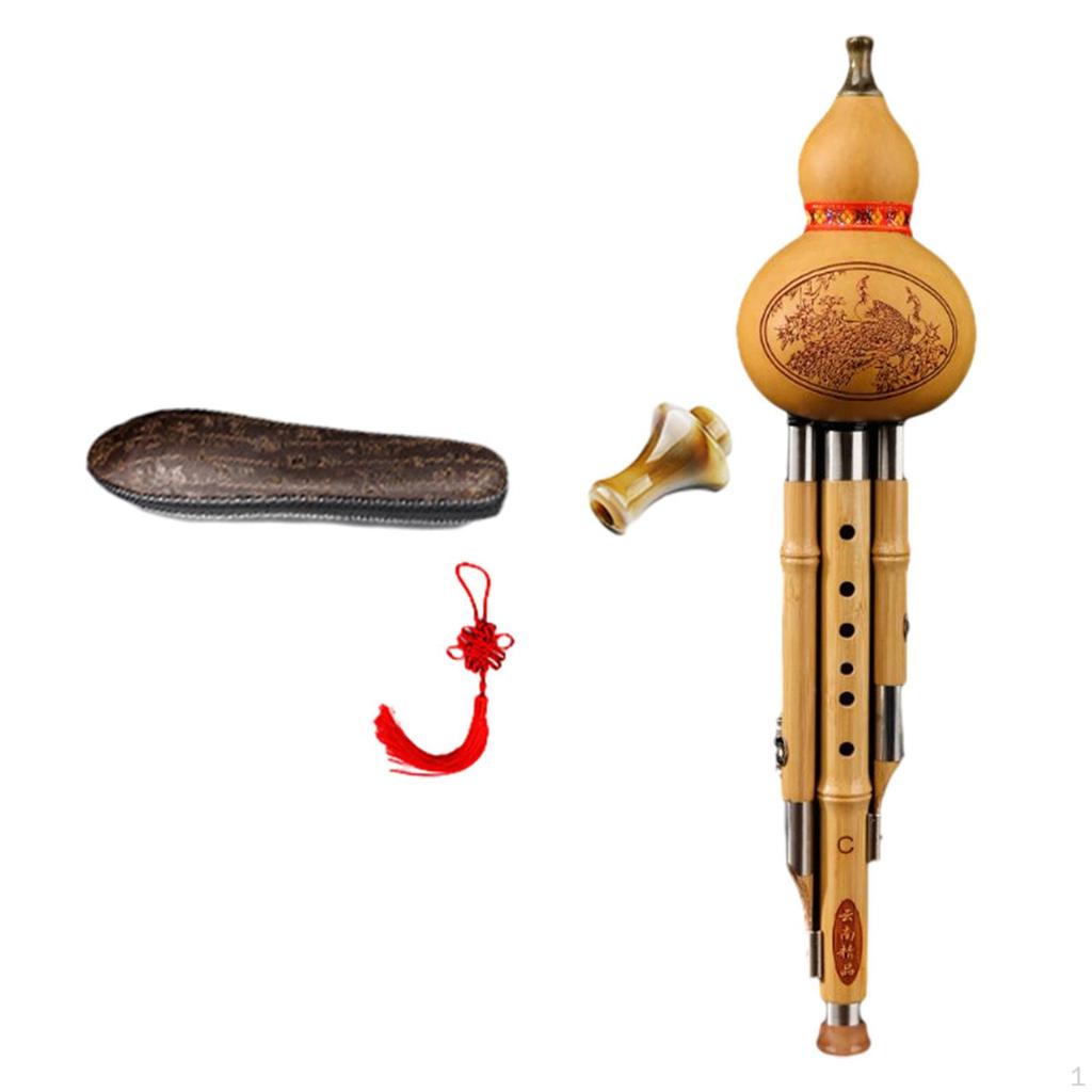 Bamboo Hulusi Gourd Cucurbit Flute with Storage Bag Case, Professional Traditional Wind Instrument