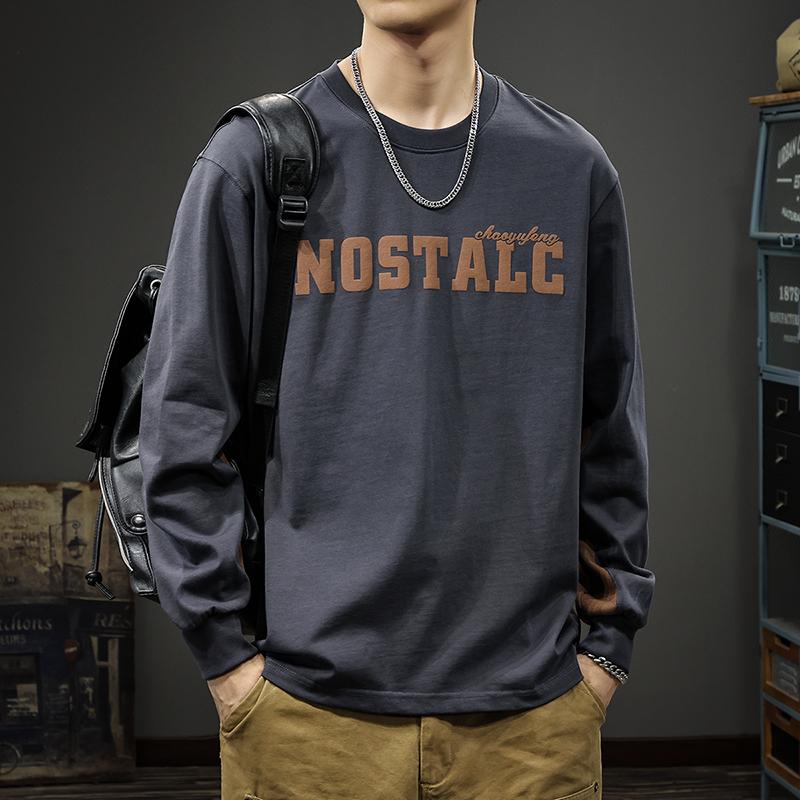 

Футболка с длинными рукавами из плотного хлопка с двумя иглами 80 г, мужская, весна-осень, американский модный брендовый принт, свободный свитер 4XL темно-серого