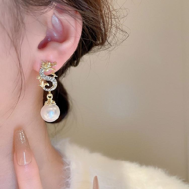 Delicate Dragon Year Ear Studs with Diamond Embellished Stylish Drop Ear Rings