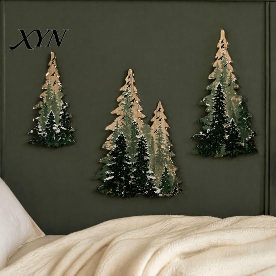 Solid Wood Hanging Tree Set 3Pcs Wooden Christmas Wall Decor, Winter Snowy Pine Rustic Decor Sign, Forest Mounted Ornaments for Xmas Holiday