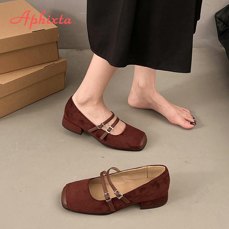 Fashion Aphixta Loafers Wine Red 3cm Square Heels Shoes Non-slip Women Buckle Design Sweet Woman Shoes Classic Autumn Marry Janes