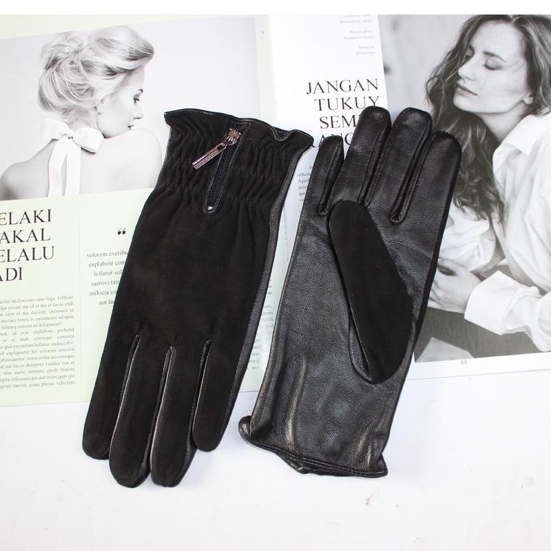 New Women's Sheepskin Gloves Leather Fashion Suede Zipper Style Winter Thickened Warm Driving Gloves