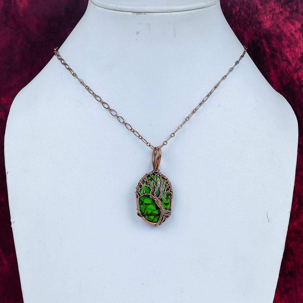 Tree Of Life Copper Green Turquoise Pendant Copper Wire Wrapped Gemstone Jewelry